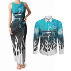 Personalized Cronulla-Sutherland Sharks Couples Matching Tank Maxi Dress and Long Sleeve Button Shirt Y2K Grunge Aesthetic With Cyber Flames and Starburst Graphics