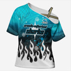 Personalized Cronulla-Sutherland Sharks Cross Shoulder Shirt Y2K Grunge Aesthetic With Cyber Flames and Starburst Graphics