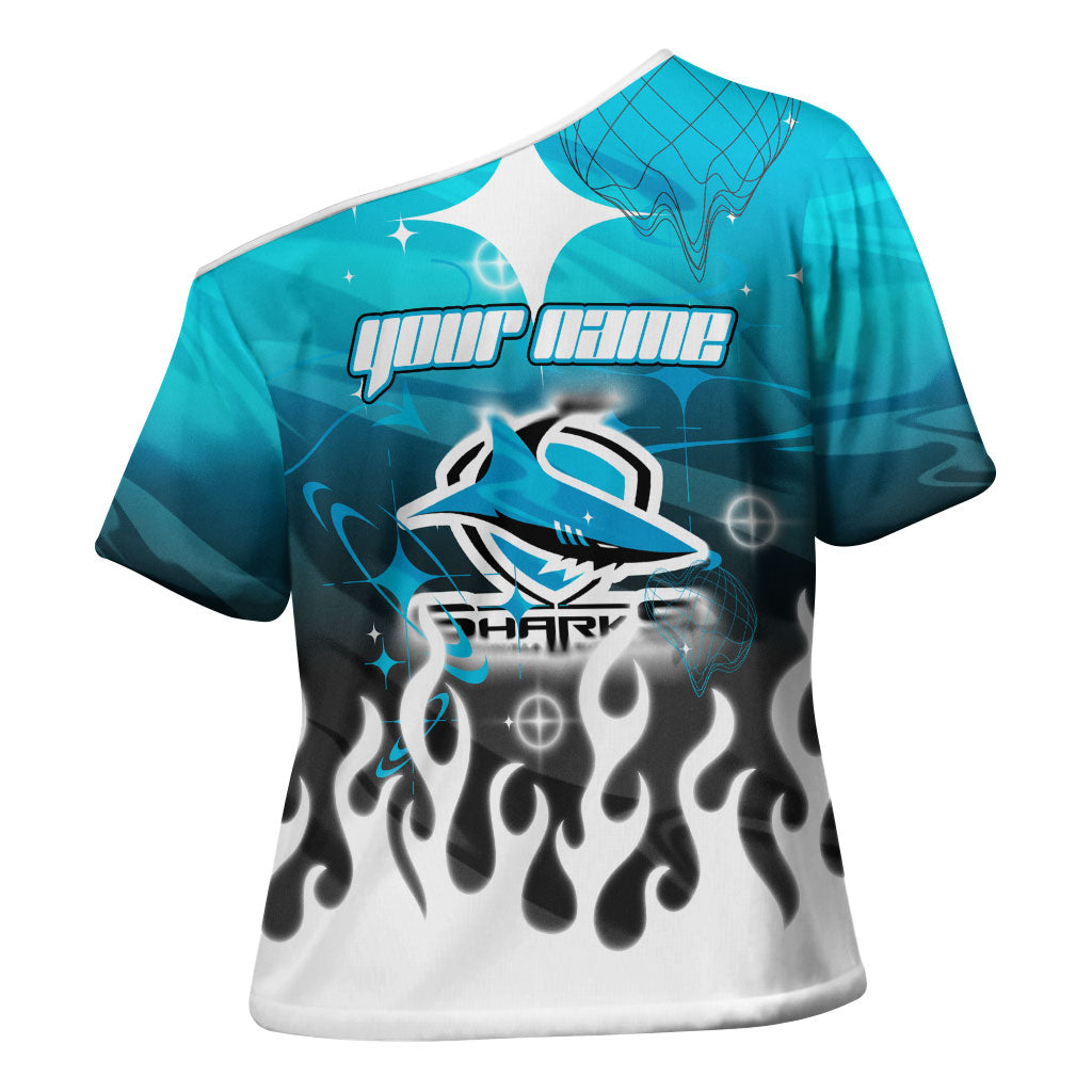 Personalized Cronulla-Sutherland Sharks Cross Shoulder Shirt Y2K Grunge Aesthetic With Cyber Flames and Starburst Graphics
