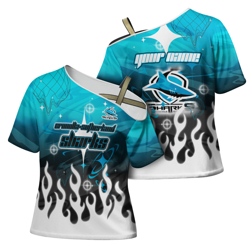 Personalized Cronulla-Sutherland Sharks Cross Shoulder Shirt Y2K Grunge Aesthetic With Cyber Flames and Starburst Graphics