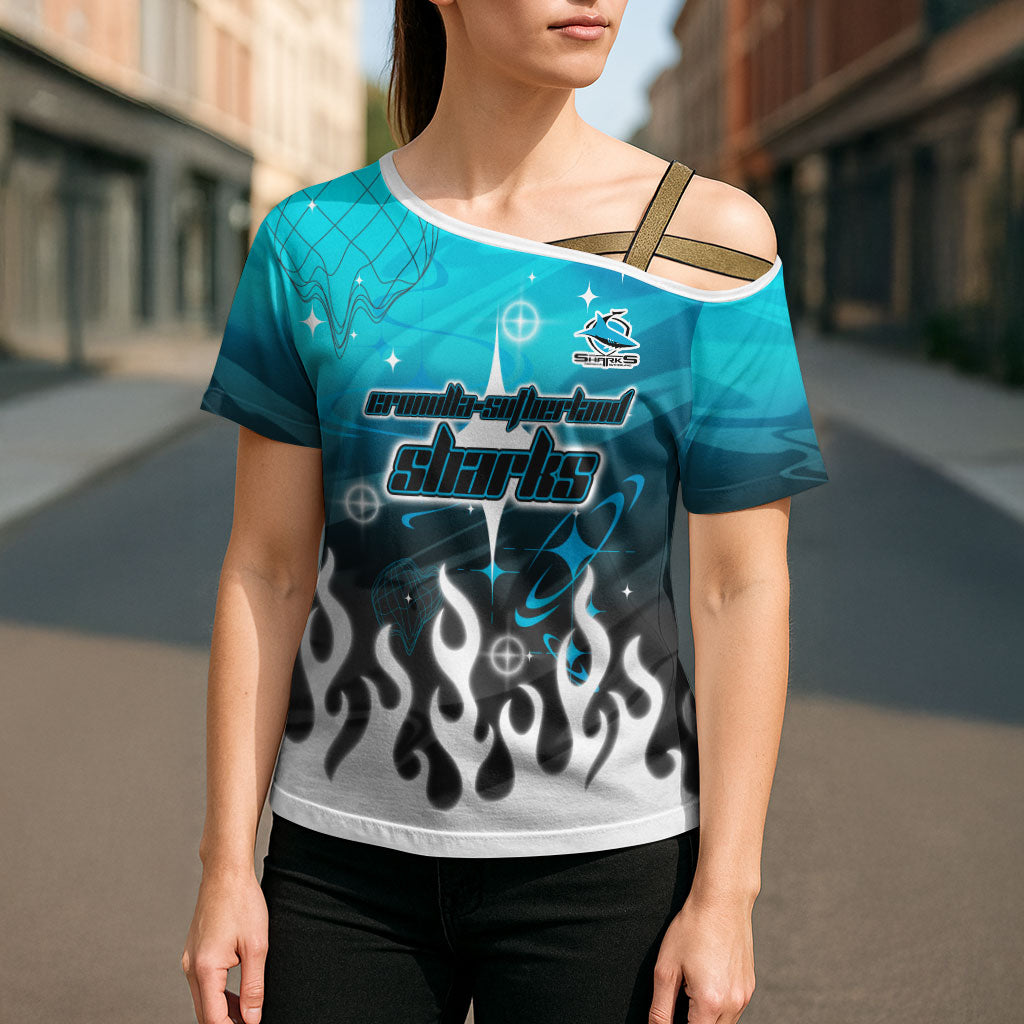Personalized Cronulla-Sutherland Sharks Cross Shoulder Shirt Y2K Grunge Aesthetic With Cyber Flames and Starburst Graphics