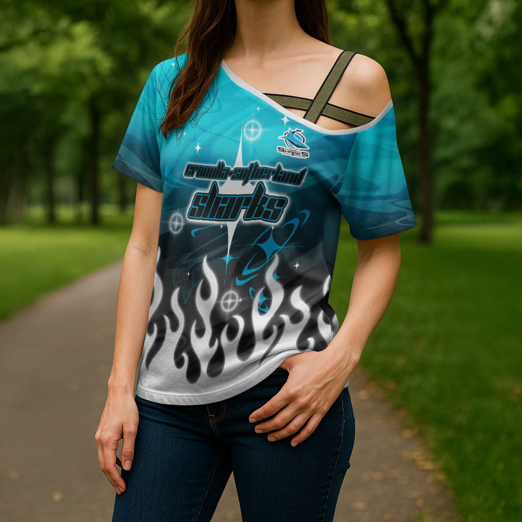 Personalized Cronulla-Sutherland Sharks Cross Shoulder Shirt Y2K Grunge Aesthetic With Cyber Flames and Starburst Graphics