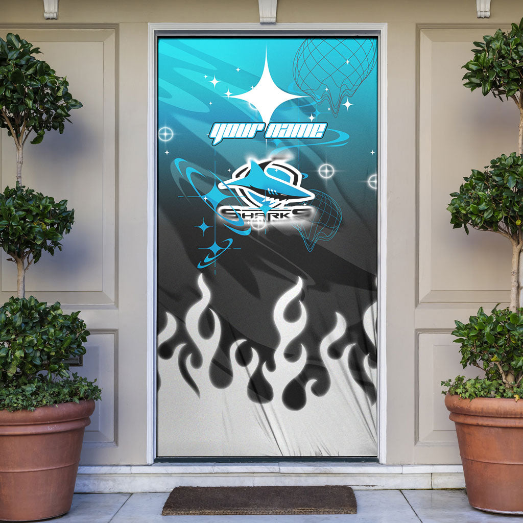Personalized Cronulla-Sutherland Sharks Door Cover Y2K Grunge Aesthetic With Cyber Flames and Starburst Graphics