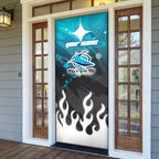 Personalized Cronulla-Sutherland Sharks Door Cover Y2K Grunge Aesthetic With Cyber Flames and Starburst Graphics