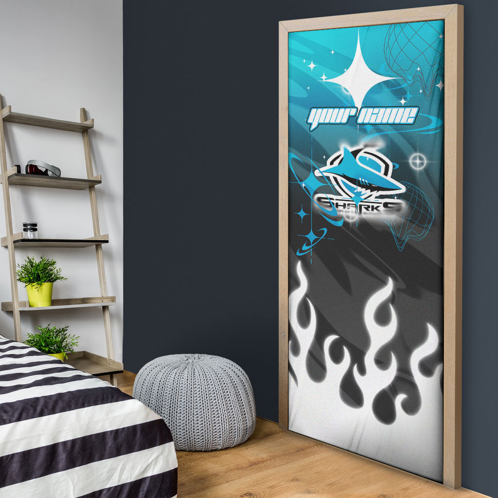 Personalized Cronulla-Sutherland Sharks Door Cover Y2K Grunge Aesthetic With Cyber Flames and Starburst Graphics