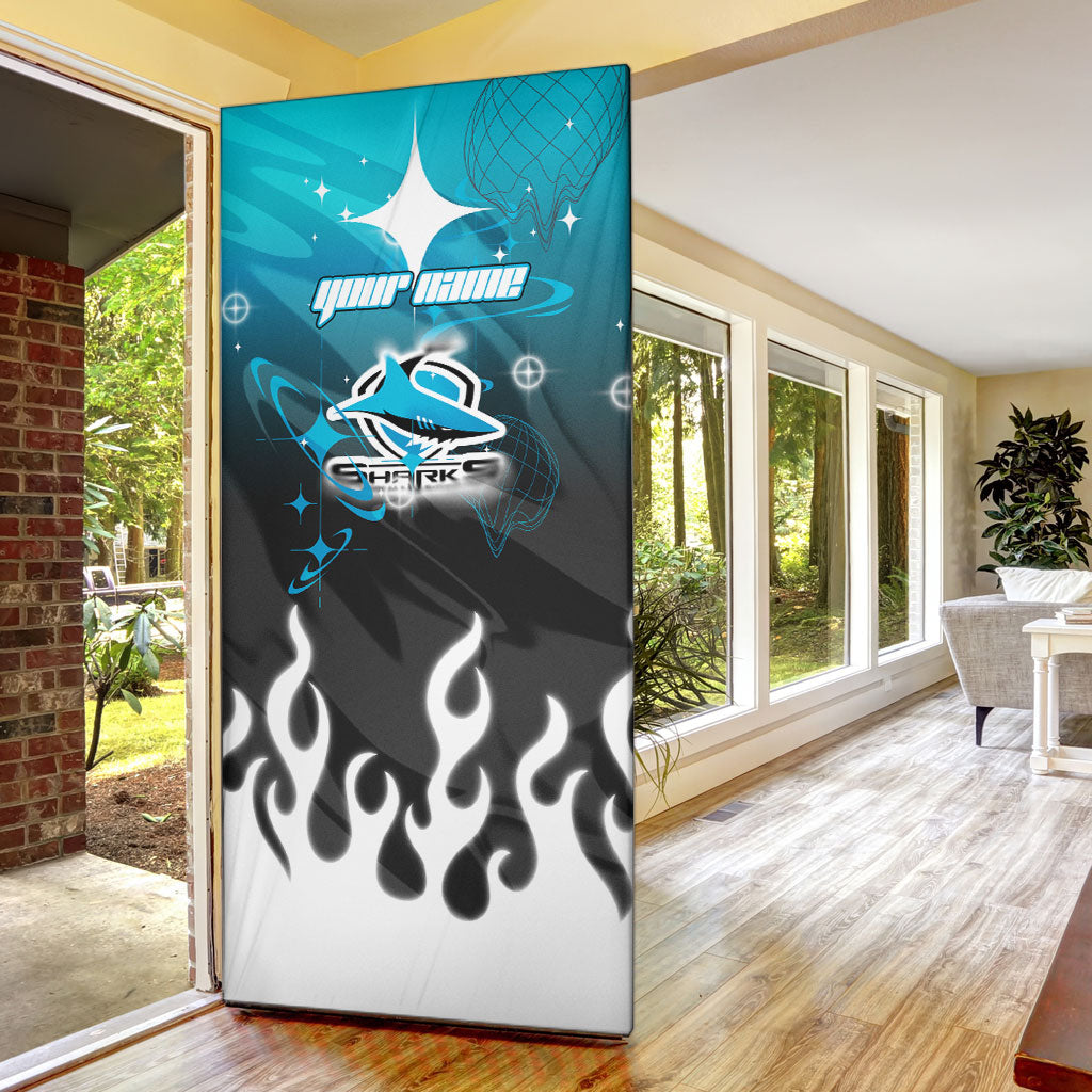 Personalized Cronulla-Sutherland Sharks Door Cover Y2K Grunge Aesthetic With Cyber Flames and Starburst Graphics