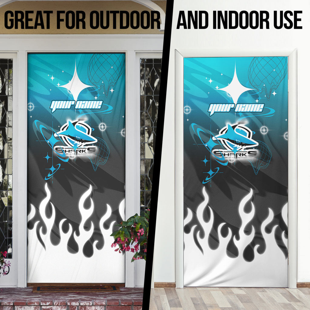 Personalized Cronulla-Sutherland Sharks Door Cover Y2K Grunge Aesthetic With Cyber Flames and Starburst Graphics