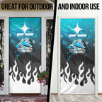 Personalized Cronulla-Sutherland Sharks Door Cover Y2K Grunge Aesthetic With Cyber Flames and Starburst Graphics