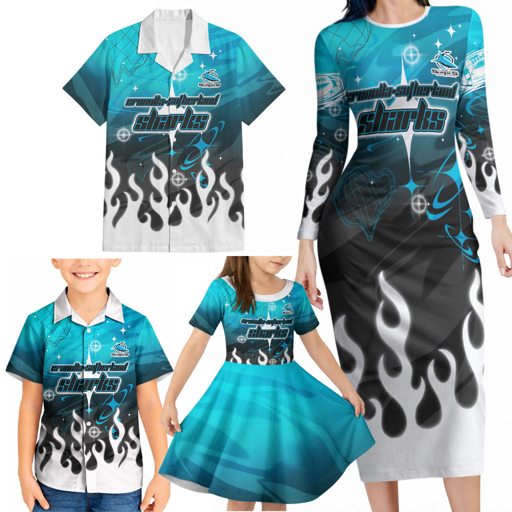 Personalized Cronulla-Sutherland Sharks Family Matching Long Sleeve Bodycon Dress and Hawaiian Shirt Y2K Grunge Aesthetic With Cyber Flames and Starburst Graphics
