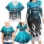 Personalized Cronulla-Sutherland Sharks Family Matching Long Sleeve Bodycon Dress and Hawaiian Shirt Y2K Grunge Aesthetic With Cyber Flames and Starburst Graphics