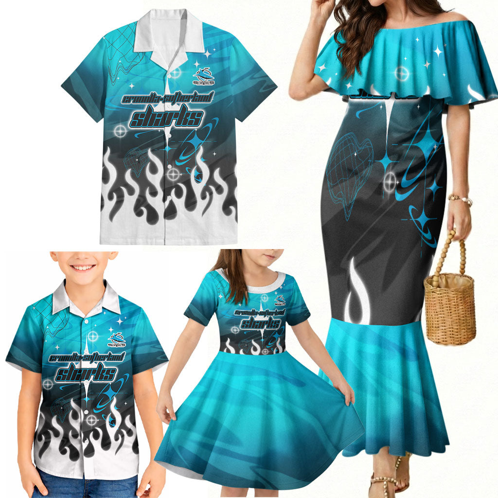 Personalized Cronulla-Sutherland Sharks Family Matching Mermaid Dress and Hawaiian Shirt Y2K Grunge Aesthetic With Cyber Flames and Starburst Graphics