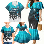 Personalized Cronulla-Sutherland Sharks Family Matching Mermaid Dress and Hawaiian Shirt Y2K Grunge Aesthetic With Cyber Flames and Starburst Graphics