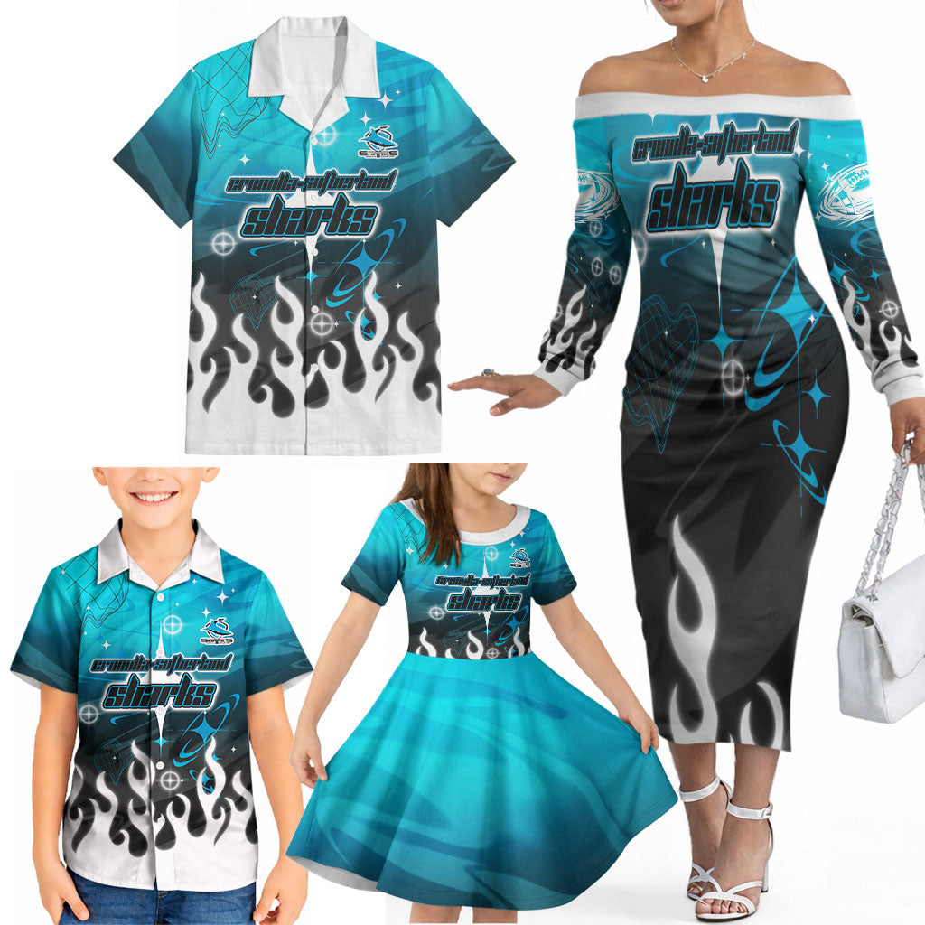 Personalized Cronulla-Sutherland Sharks Family Matching Off The Shoulder Long Sleeve Dress and Hawaiian Shirt Y2K Grunge Aesthetic With Cyber Flames and Starburst Graphics