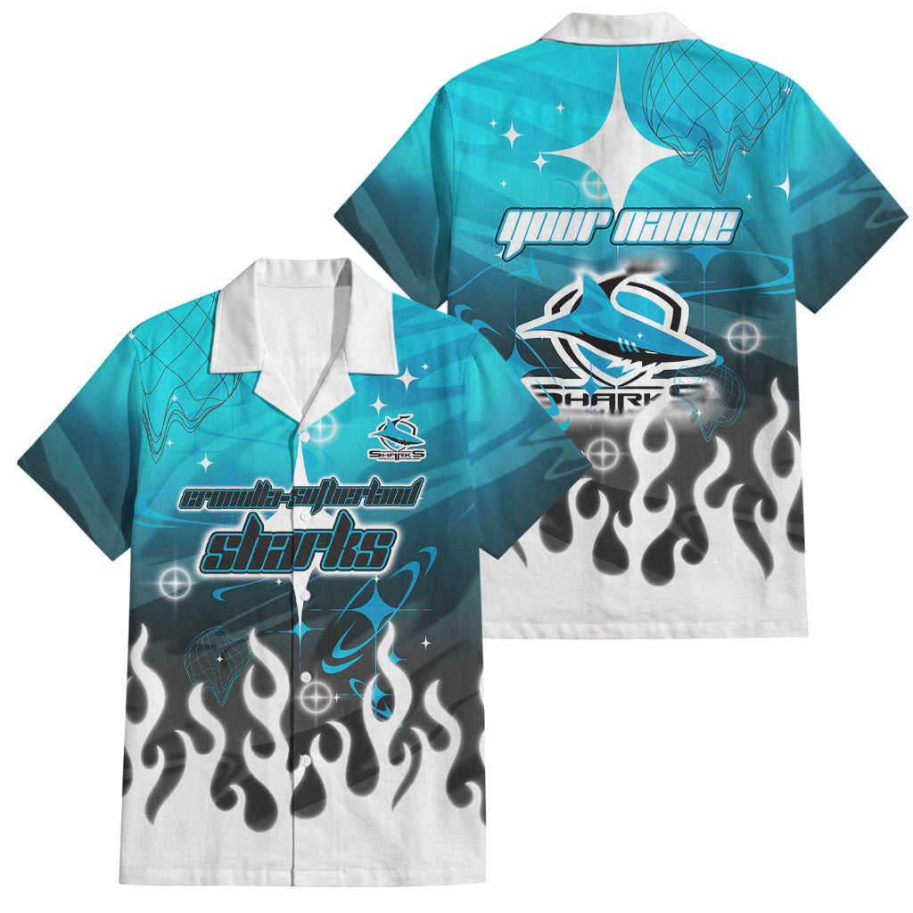 Personalized Cronulla-Sutherland Sharks Family Matching Off The Shoulder Long Sleeve Dress and Hawaiian Shirt Y2K Grunge Aesthetic With Cyber Flames and Starburst Graphics
