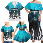 Personalized Cronulla-Sutherland Sharks Family Matching Off Shoulder Maxi Dress and Hawaiian Shirt Y2K Grunge Aesthetic With Cyber Flames and Starburst Graphics