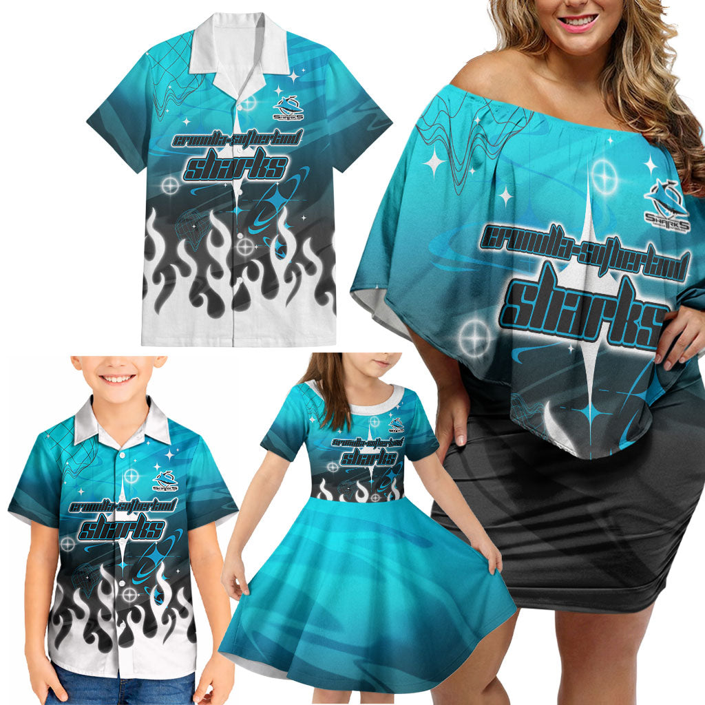 Personalized Cronulla-Sutherland Sharks Family Matching Off Shoulder Short Dress and Hawaiian Shirt Y2K Grunge Aesthetic With Cyber Flames and Starburst Graphics