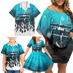 Personalized Cronulla-Sutherland Sharks Family Matching Off Shoulder Short Dress and Hawaiian Shirt Y2K Grunge Aesthetic With Cyber Flames and Starburst Graphics