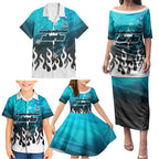 Personalized Cronulla-Sutherland Sharks Family Matching Puletasi and Hawaiian Shirt Y2K Grunge Aesthetic With Cyber Flames and Starburst Graphics