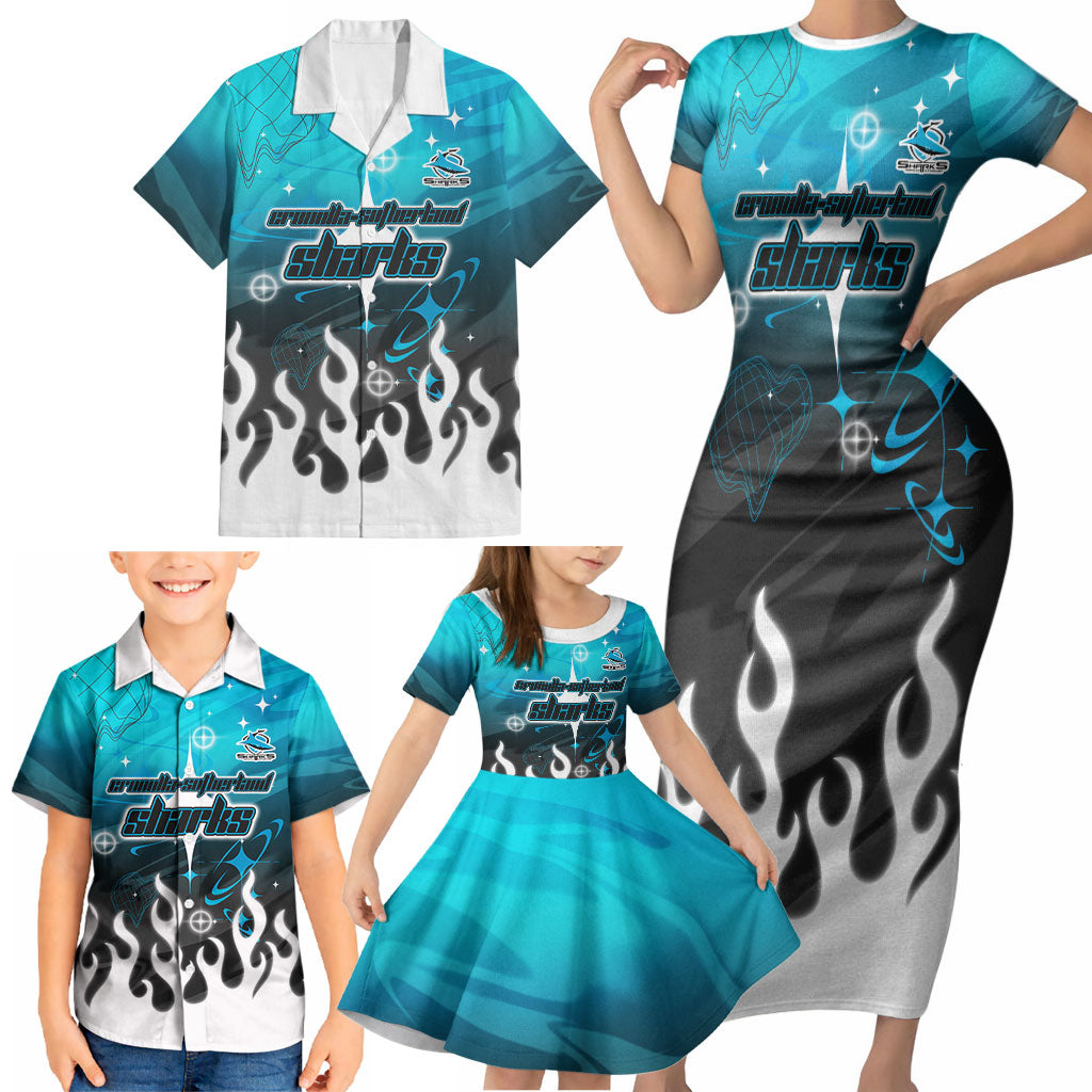 Personalized Cronulla-Sutherland Sharks Family Matching Short Sleeve Bodycon Dress and Hawaiian Shirt Y2K Grunge Aesthetic With Cyber Flames and Starburst Graphics