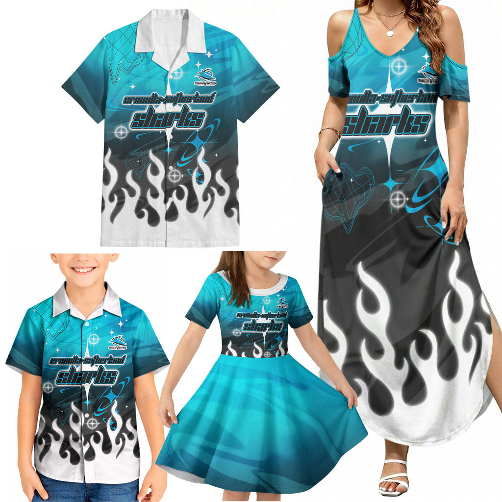 Personalized Cronulla-Sutherland Sharks Family Matching Summer Maxi Dress and Hawaiian Shirt Y2K Grunge Aesthetic With Cyber Flames and Starburst Graphics