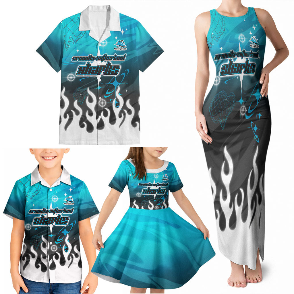 Personalized Cronulla-Sutherland Sharks Family Matching Tank Maxi Dress and Hawaiian Shirt Y2K Grunge Aesthetic With Cyber Flames and Starburst Graphics