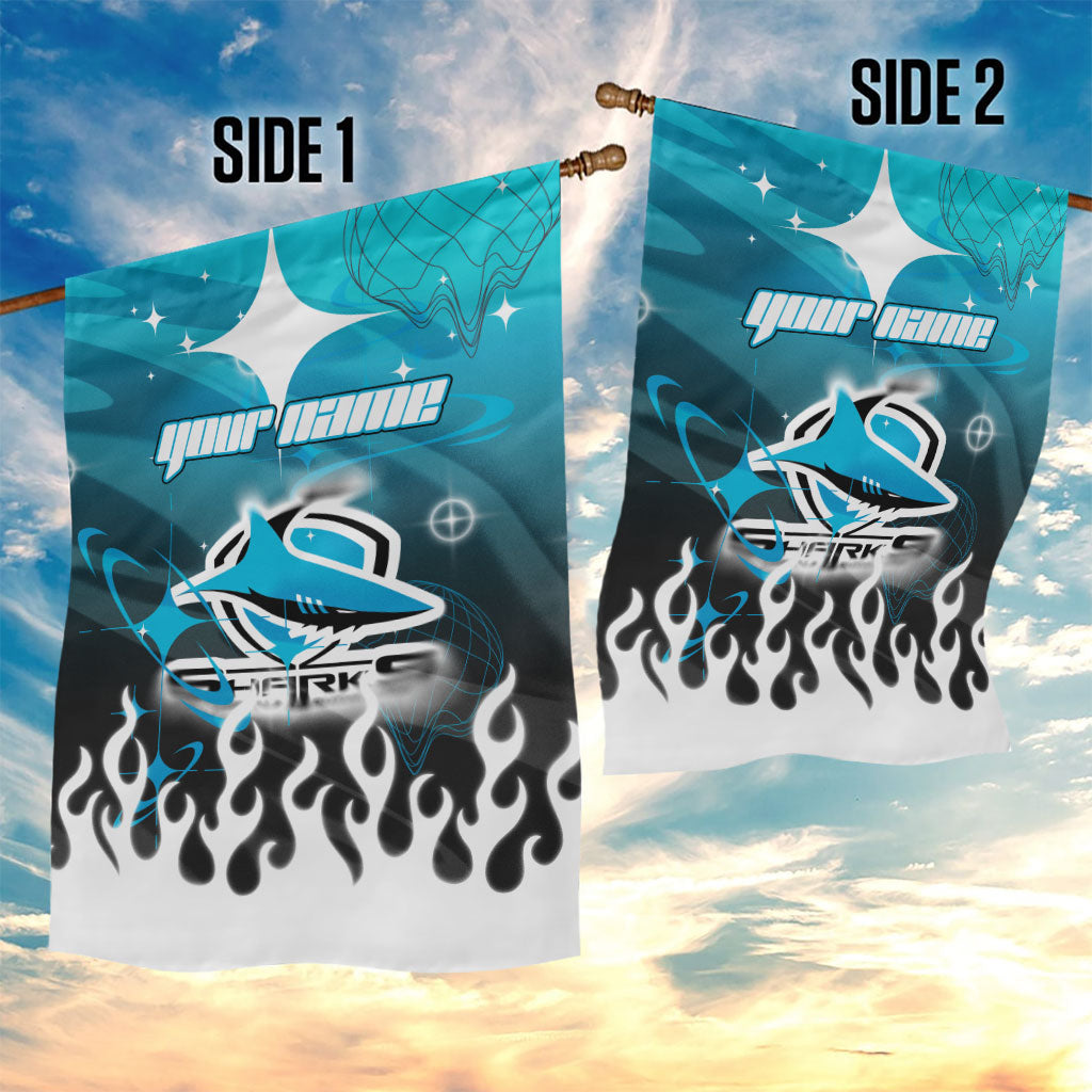 Personalized Cronulla-Sutherland Sharks Garden Flag Y2K Grunge Aesthetic With Cyber Flames and Starburst Graphics