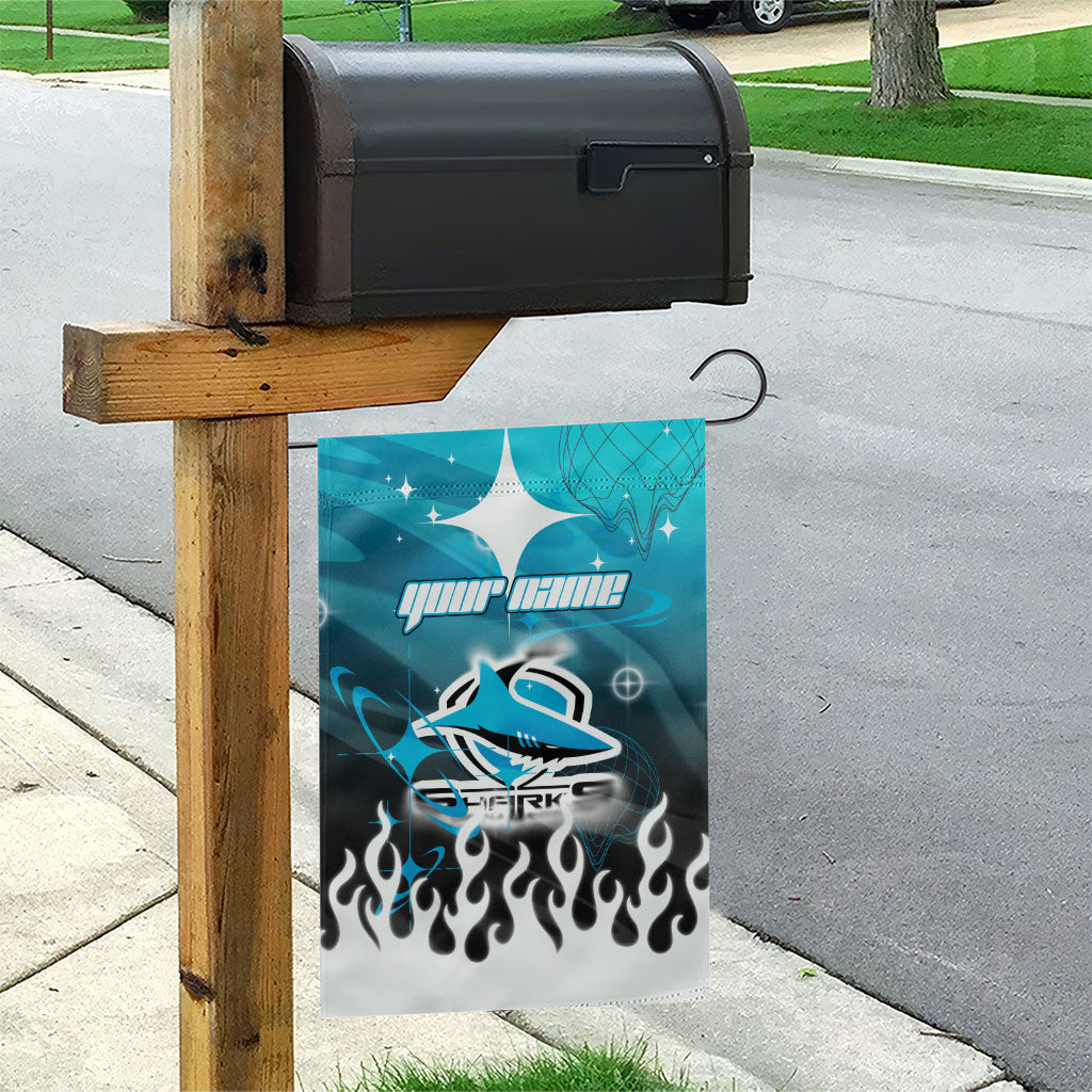 Personalized Cronulla-Sutherland Sharks Garden Flag Y2K Grunge Aesthetic With Cyber Flames and Starburst Graphics