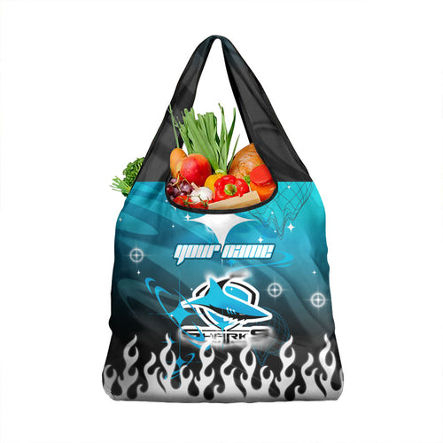 Personalized Cronulla-Sutherland Sharks Grocery Bag Y2K Grunge Aesthetic With Cyber Flames and Starburst Graphics