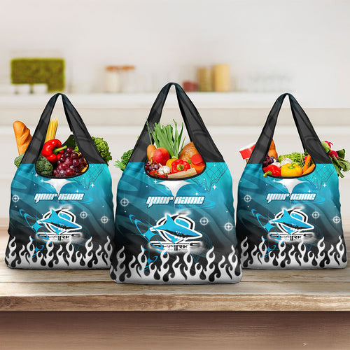 Personalized Cronulla-Sutherland Sharks Grocery Bag Y2K Grunge Aesthetic With Cyber Flames and Starburst Graphics