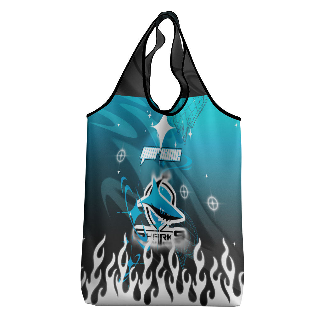 Personalized Cronulla-Sutherland Sharks Grocery Bag Y2K Grunge Aesthetic With Cyber Flames and Starburst Graphics