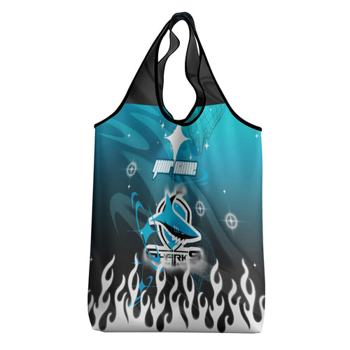 Personalized Cronulla-Sutherland Sharks Grocery Bag Y2K Grunge Aesthetic With Cyber Flames and Starburst Graphics