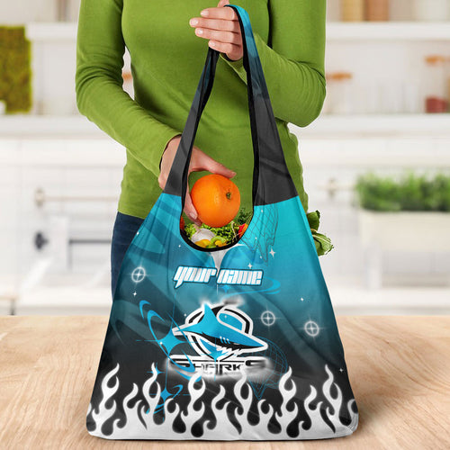 Personalized Cronulla-Sutherland Sharks Grocery Bag Y2K Grunge Aesthetic With Cyber Flames and Starburst Graphics