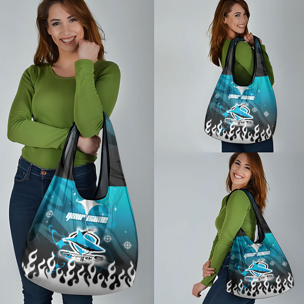 Personalized Cronulla-Sutherland Sharks Grocery Bag Y2K Grunge Aesthetic With Cyber Flames and Starburst Graphics