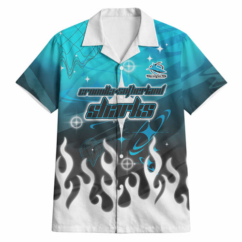 Personalized Cronulla-Sutherland Sharks Hawaiian Shirt Y2K Grunge Aesthetic With Cyber Flames and Starburst Graphics