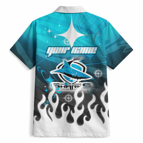 Personalized Cronulla-Sutherland Sharks Hawaiian Shirt Y2K Grunge Aesthetic With Cyber Flames and Starburst Graphics