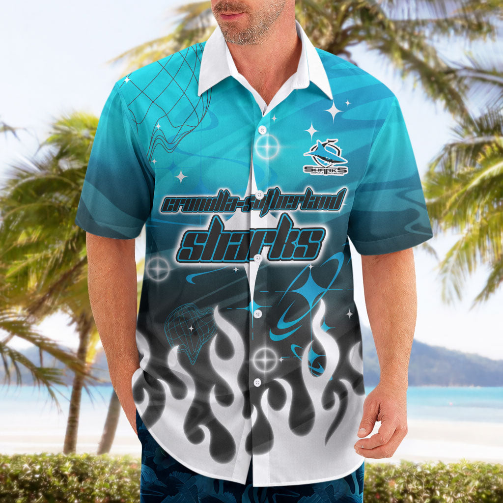 Personalized Cronulla-Sutherland Sharks Hawaiian Shirt Y2K Grunge Aesthetic With Cyber Flames and Starburst Graphics