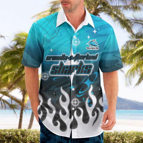 Personalized Cronulla-Sutherland Sharks Hawaiian Shirt Y2K Grunge Aesthetic With Cyber Flames and Starburst Graphics
