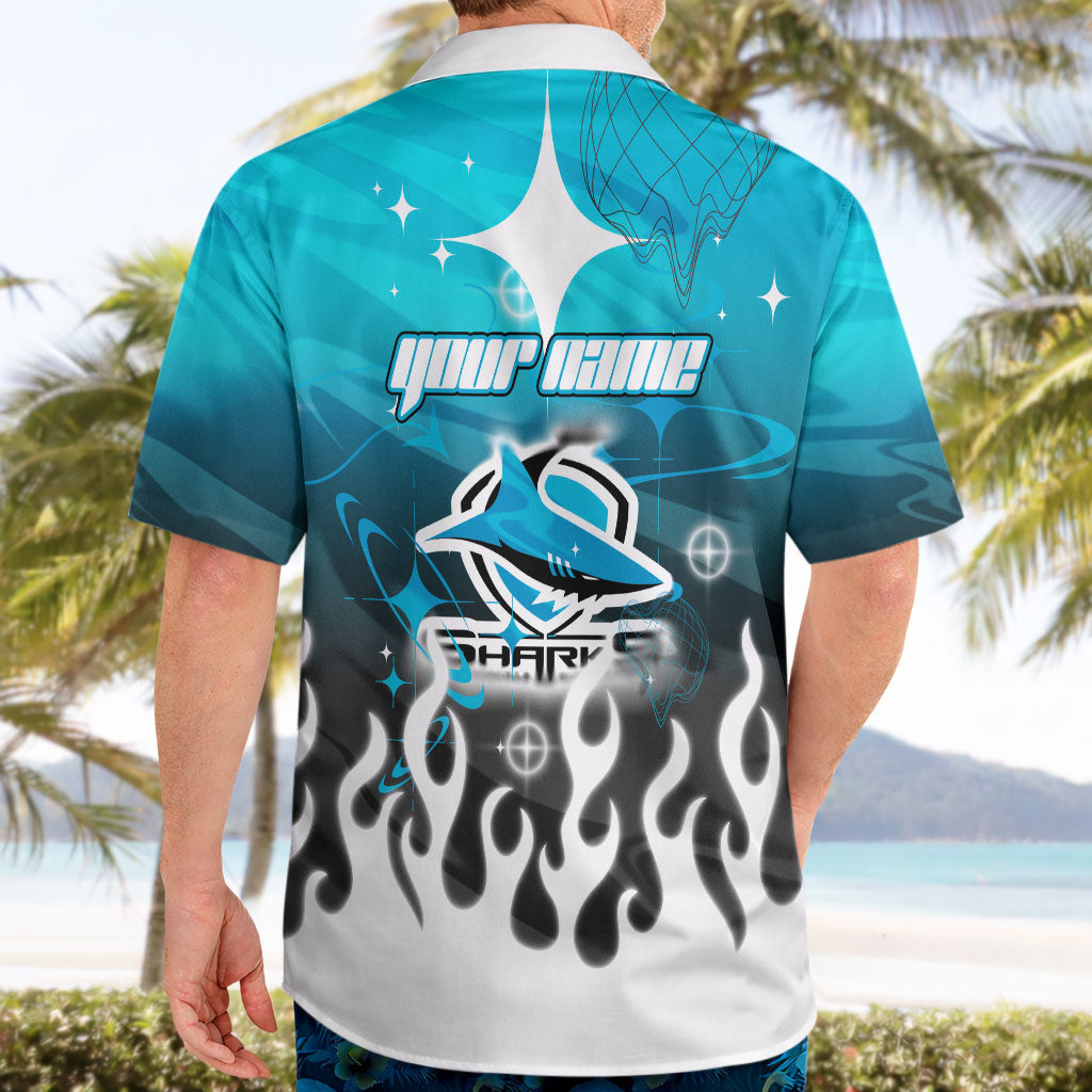 Personalized Cronulla-Sutherland Sharks Hawaiian Shirt Y2K Grunge Aesthetic With Cyber Flames and Starburst Graphics
