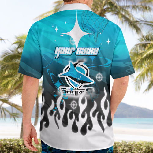 Personalized Cronulla-Sutherland Sharks Hawaiian Shirt Y2K Grunge Aesthetic With Cyber Flames and Starburst Graphics
