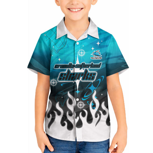 Personalized Cronulla-Sutherland Sharks Hawaiian Shirt Y2K Grunge Aesthetic With Cyber Flames and Starburst Graphics