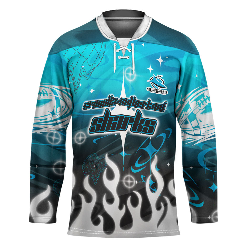 Personalized Cronulla-Sutherland Sharks Hockey Jersey Y2K Grunge Aesthetic With Cyber Flames and Starburst Graphics