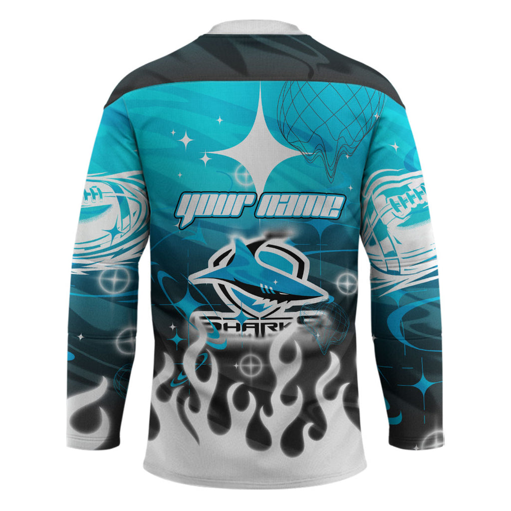 Personalized Cronulla-Sutherland Sharks Hockey Jersey Y2K Grunge Aesthetic With Cyber Flames and Starburst Graphics