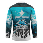 Personalized Cronulla-Sutherland Sharks Hockey Jersey Y2K Grunge Aesthetic With Cyber Flames and Starburst Graphics