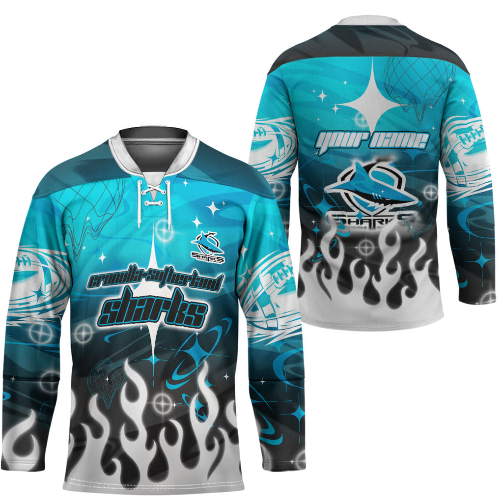 Personalized Cronulla-Sutherland Sharks Hockey Jersey Y2K Grunge Aesthetic With Cyber Flames and Starburst Graphics