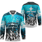Personalized Cronulla-Sutherland Sharks Hockey Jersey Y2K Grunge Aesthetic With Cyber Flames and Starburst Graphics