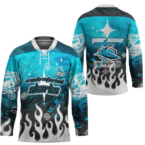 Personalized Cronulla-Sutherland Sharks Hockey Jersey Y2K Grunge Aesthetic With Cyber Flames and Starburst Graphics