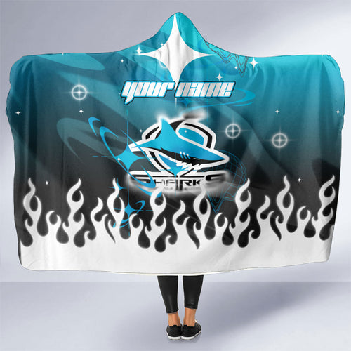 Personalized Cronulla-Sutherland Sharks Hooded Blanket Y2K Grunge Aesthetic With Cyber Flames and Starburst Graphics