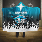 Personalized Cronulla-Sutherland Sharks Hooded Blanket Y2K Grunge Aesthetic With Cyber Flames and Starburst Graphics