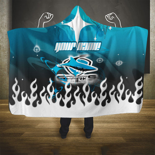 Personalized Cronulla-Sutherland Sharks Hooded Blanket Y2K Grunge Aesthetic With Cyber Flames and Starburst Graphics