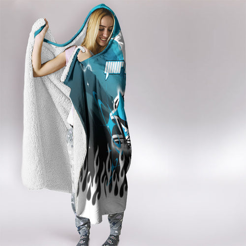 Personalized Cronulla-Sutherland Sharks Hooded Blanket Y2K Grunge Aesthetic With Cyber Flames and Starburst Graphics